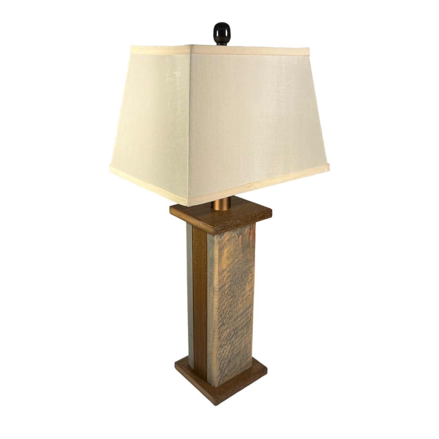 Rustic Farmhouse Rough Sawn Barn Wood Battery Powered Table Lamp - Textured Mahagony Poly Core with Graywashed Barn Wood Panels