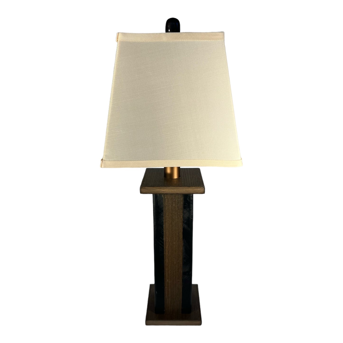Rustic Farmhouse Rough Sawn Barn Wood Battery Powered Table Lamp - Textured Brazilian Walnut Core with Black Barn Wood Panels