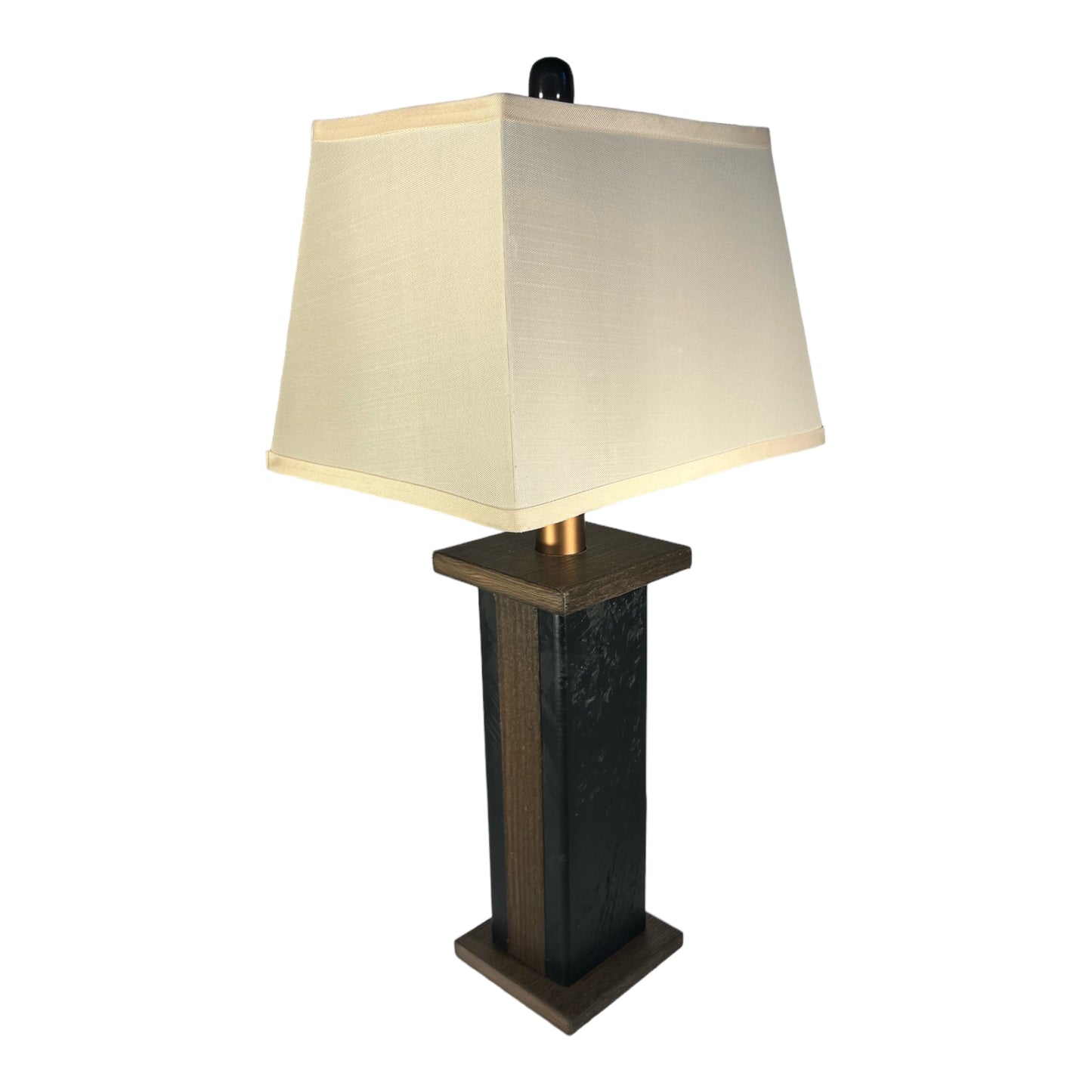 Rustic Farmhouse Rough Sawn Barn Wood Battery Powered Table Lamp - Textured Brazilian Walnut Core with Black Barn Wood Panels