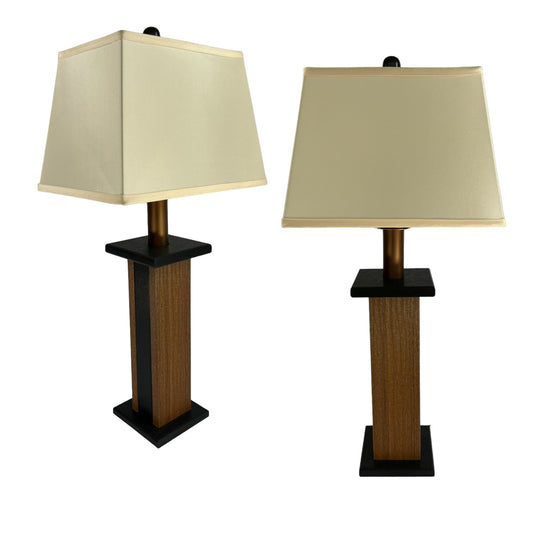 2-Pack Modern Farmhouse Battery Powered Textured Woodgrain Poly Table Lamp - Mahogany