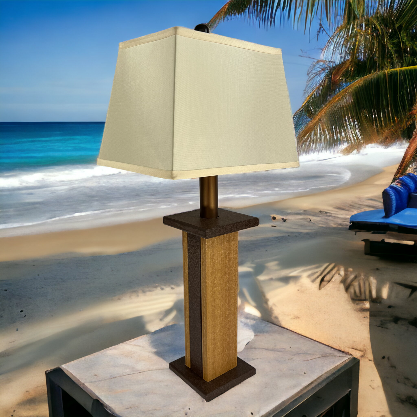 2-Pack Coastal Weatherproof Battery Powered Textured Woodgrain Poly Lumber Table Lamp - Teak