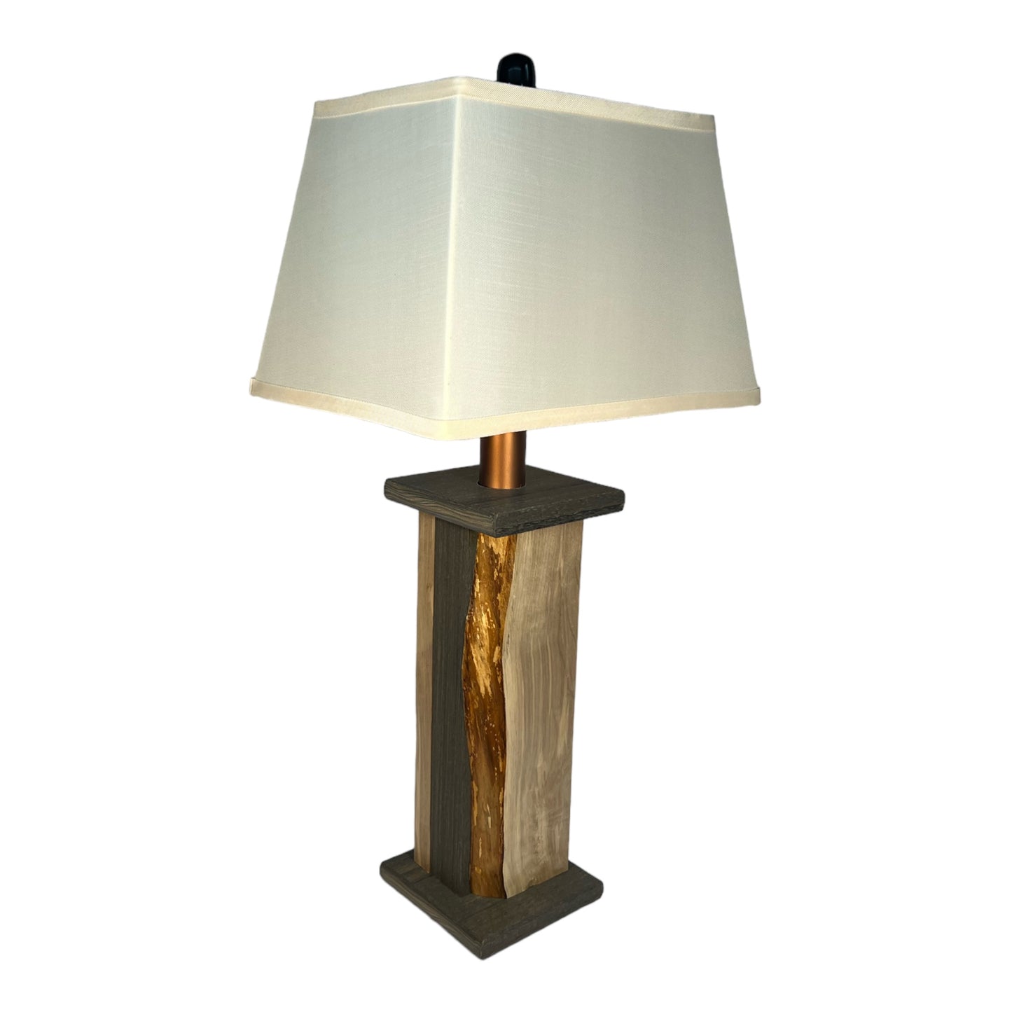 Modern Rustic Farmhouse Live Edge Wood Table Lamp - Textured Weathered Grey Poly Core with Maple Live Edge Wood Panels