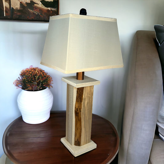 Modern Rustic Farmhouse Battery Powered Live Edge Wood Table Lamp - Textured Birch Poly Core with Maple Live Edge Wood Panels