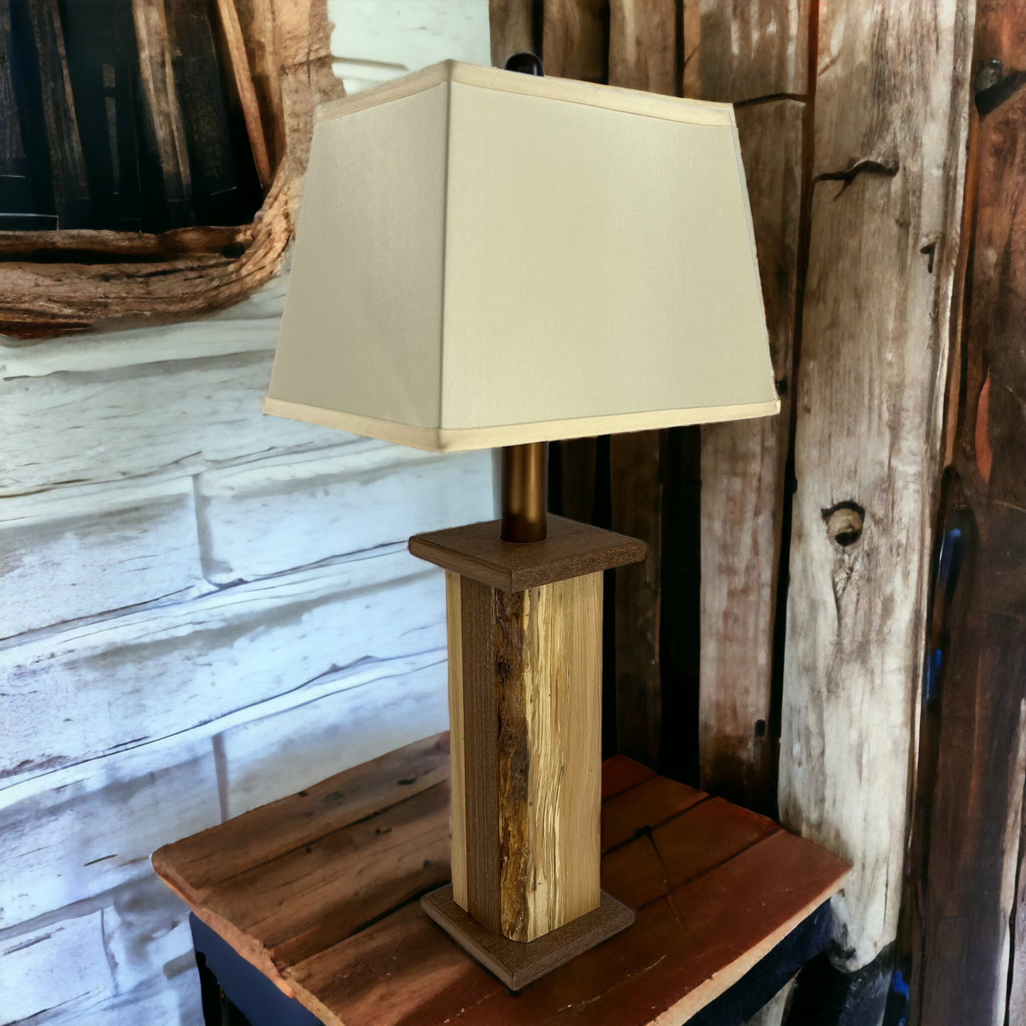 Rustic Farmhouse Battery Powered Live Edge Wood Table Lamp - Textured Hickory Poly Lumber Core with Beech Live Edge Panels