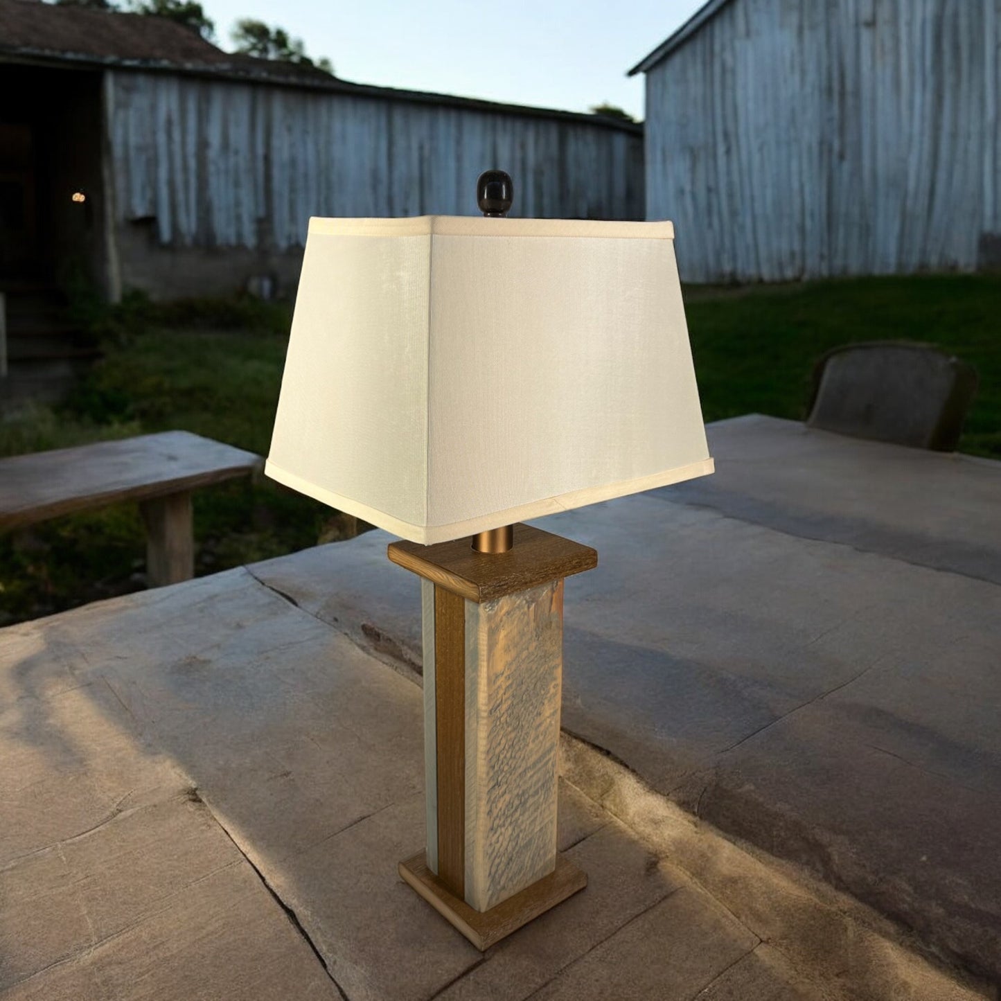 Rustic Farmhouse Rough Sawn Barn Wood Battery Powered Table Lamp - Textured Mahagony Poly Core with Graywashed Barn Wood Panels