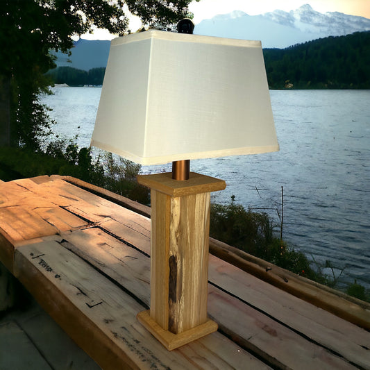 Modern Rustic Farmhouse Battery Powered Live Edge Wood Table Lamp - Textured Teak Poly Core with Beech Live Edge Wood Panels