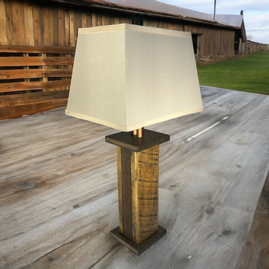 Rustic Farmhouse Rough Sawn Barn Wood Battery Powered Table Lamp - Textured Walnut Poly Core with Hickory Barn Wood Panels