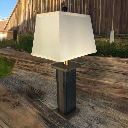 Rustic Farmhouse Rough Sawn Barn Wood Battery Powered Table Lamp - Textured Brazilian Walnut Core with Black Barn Wood Panels