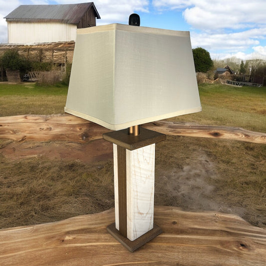 Rustic Farmhouse Rough Sawn Barn Wood Battery Powered Table Lamp - Textured Hickory Poly Core with Whitewash Oak Barn Wood Panels