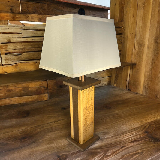 Rustic Farmhouse Rough Sawn Barn Wood Battery Powered Table Lamp - Textured Hickory Poly Core with Golden Oak Barn Wood Panels