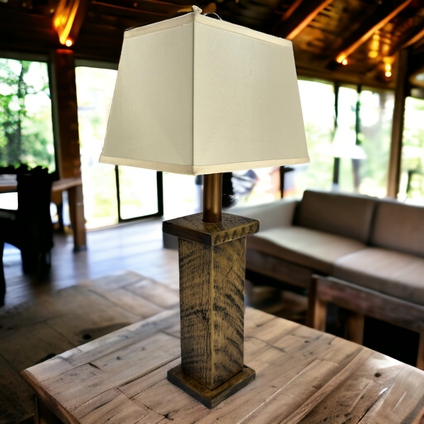 Rustic Farmhouse Battery Powered Rough Sawn Timber Frame Table Lamp - Hickory