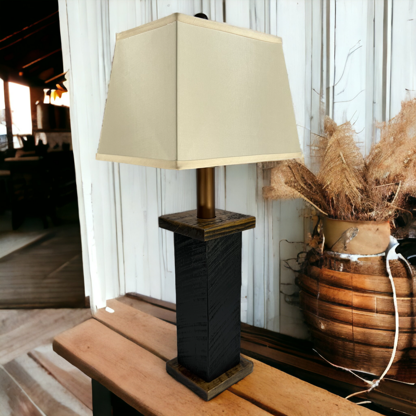 Rustic Farmhouse Battery Powered Rough Sawn Timber Frame Table Lamp - Midnight