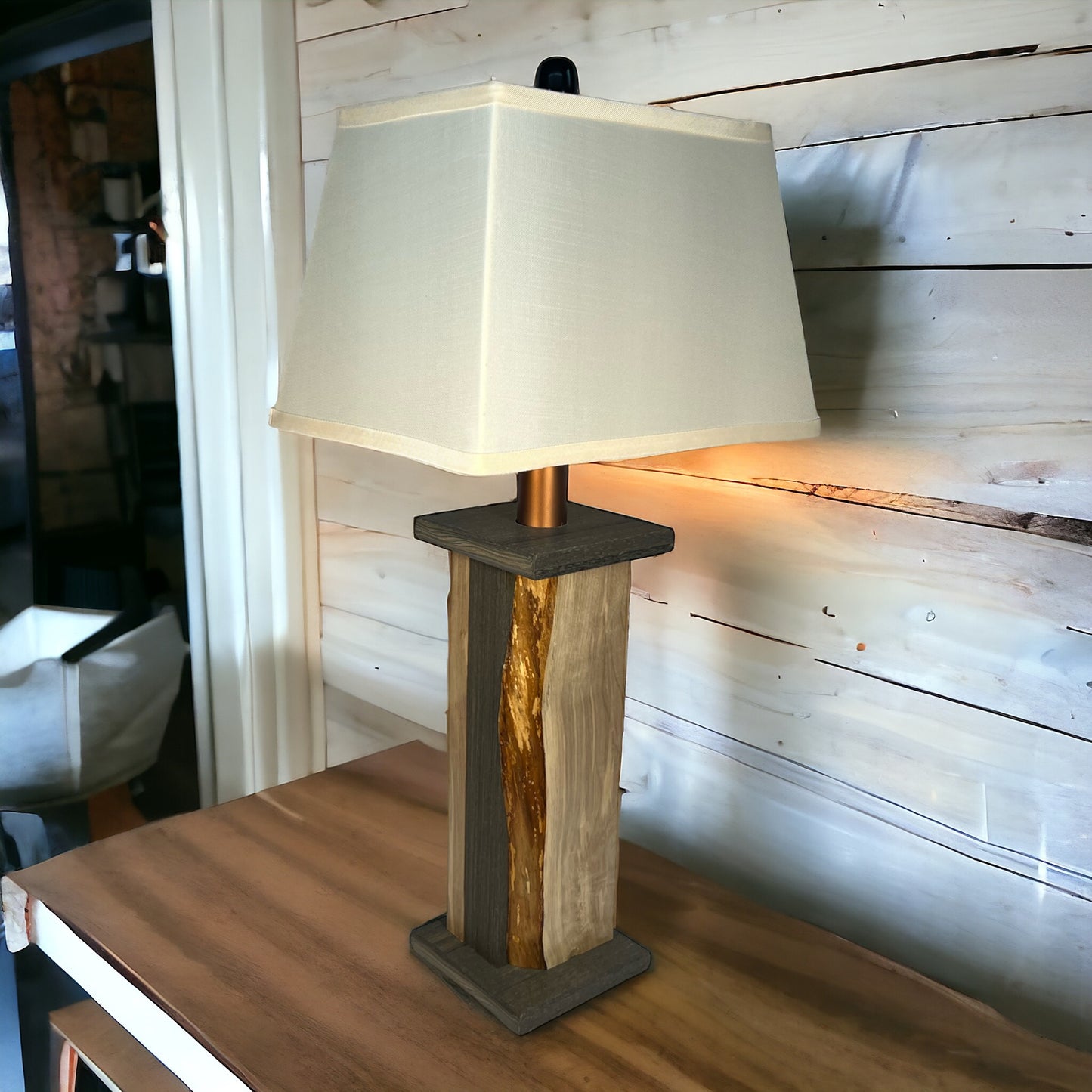 Modern Rustic Farmhouse Live Edge Wood Table Lamp - Textured Weathered Grey Poly Core with Maple Live Edge Wood Panels